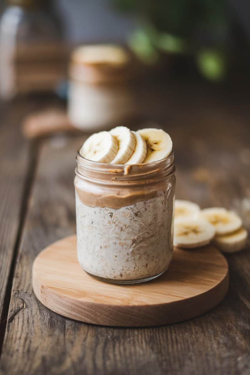 A jar of overnight oats topped with almond butter and banana slices, placed on a wooden board.