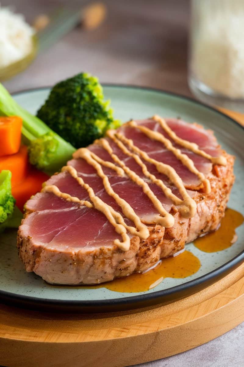 Plate of pan-seared tuna steak with sesame garlic sauce alongside steamed vegetables