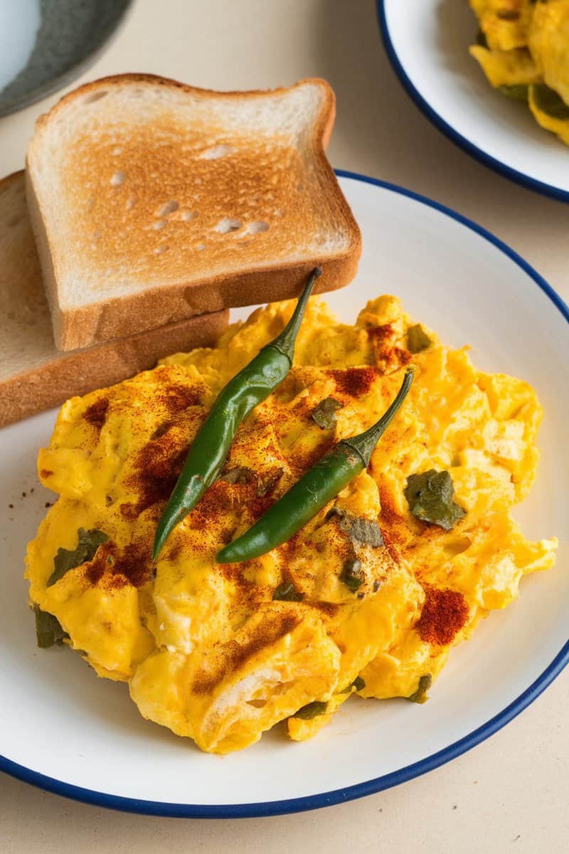 A plate of spicy scrambled eggs garnished with green chilies, served with toasted bread.