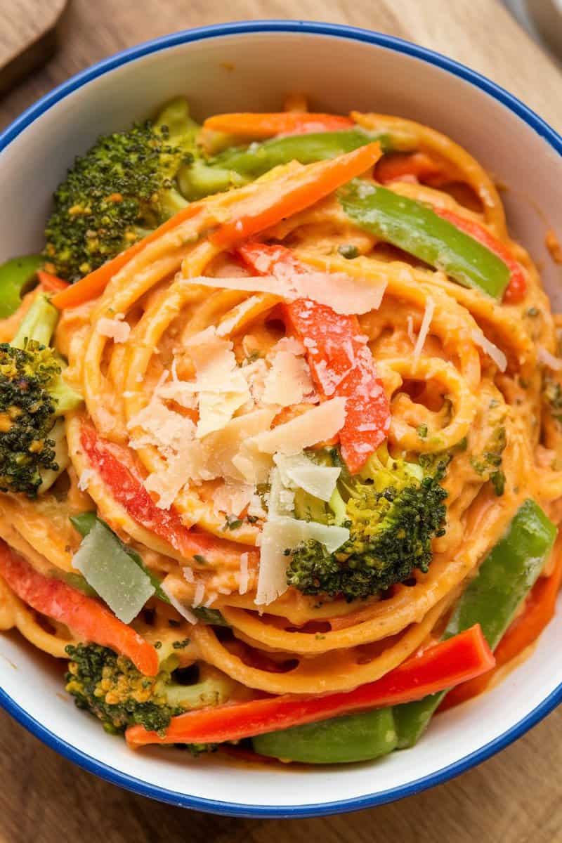 A bowl of Pasta Primavera with colorful seasonal vegetables, topped with grated cheese.