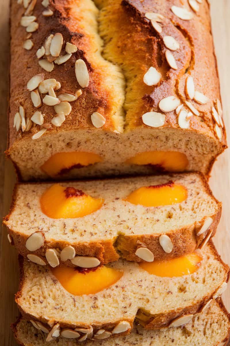 A loaf of peach and almond bread, sliced to reveal peach pieces inside, topped with almond slices.