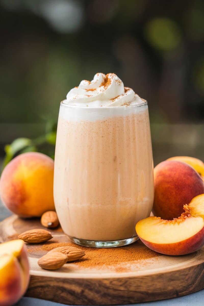 A refreshing Peach and Almond Energy Smoothie garnished with whipped cream and surrounded by fresh peaches and almonds.