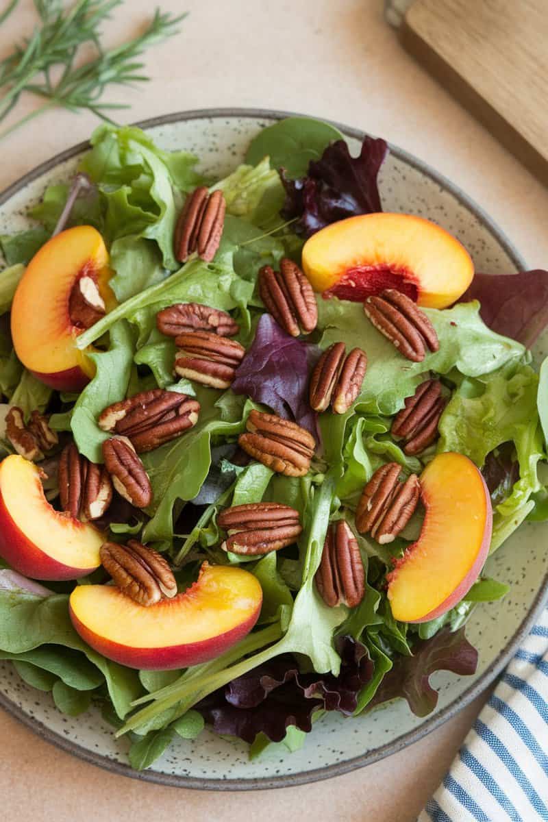 A colorful peach and pecan salad with greens and a light dressing.