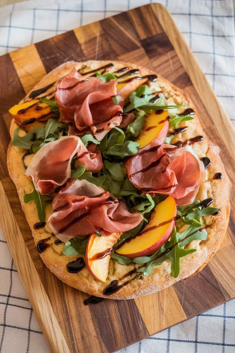 A flatbread topped with arugula, peaches, prosciutto, and balsamic glaze on a wooden cutting board.