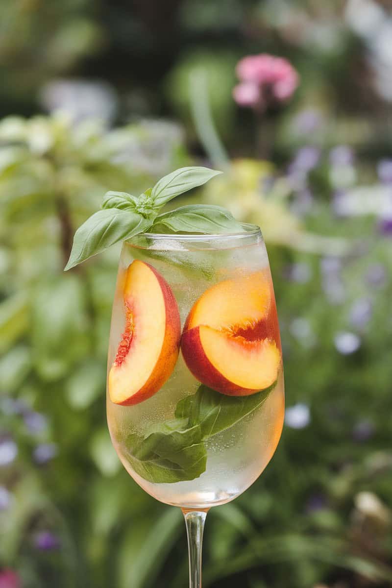 Refreshing Peach Basil Sota Spritzer drink with peaches and basil leaves