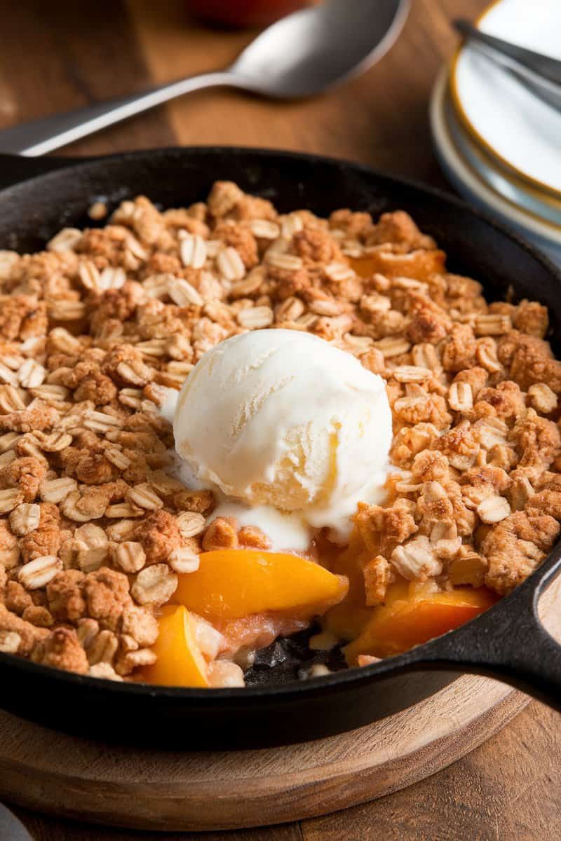 A delicious peach crumble with oat topping served in a skillet, topped with a scoop of vanilla ice cream.