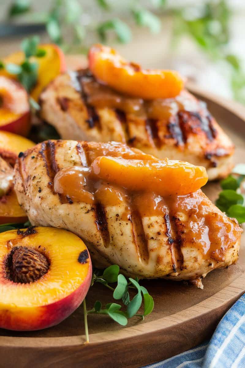 Grilled chicken breasts with peach glaze and slices on a wooden plate.