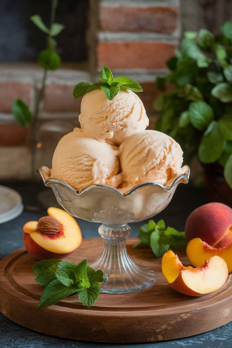 A glass dish filled with peach ice cream garnished with mint, surrounded by fresh peaches and mint leaves on a wooden board.