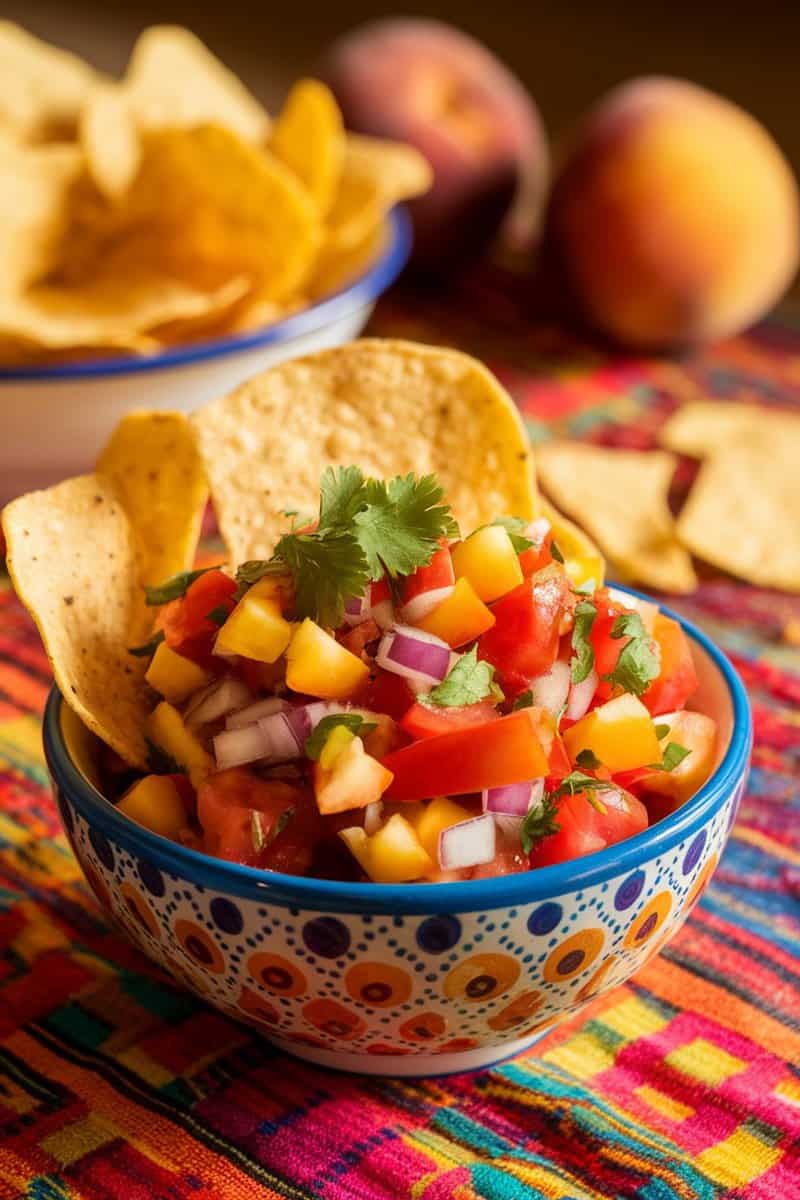 A bowl of peach salsa with tortilla chips in the background