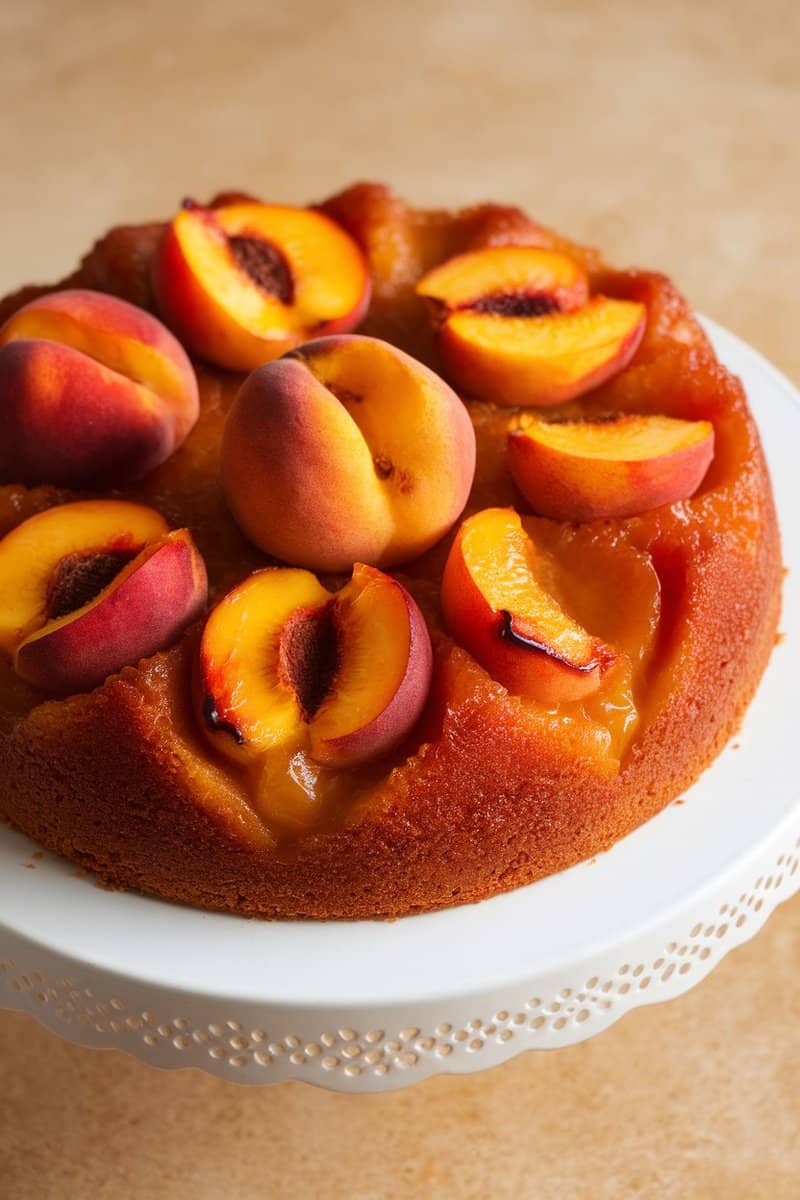 A delicious peach upside-down cake topped with fresh peach slices on a white cake stand.