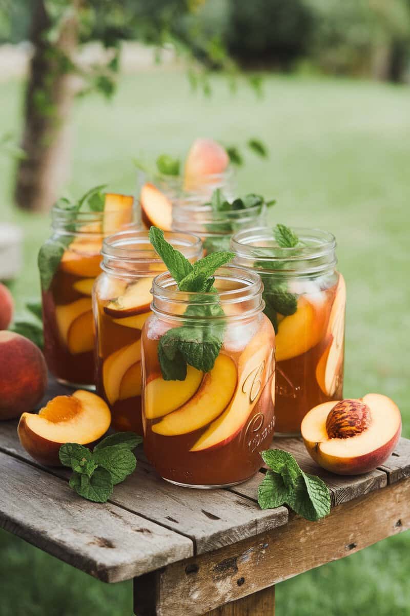 A refreshing peach punch with iced tea, garnished with mint and peach slices.