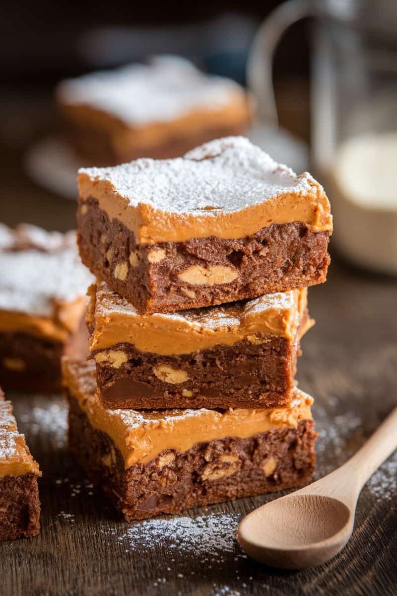 Delicious peanut butter blondies stacked with a dusting of powdered sugar on top.