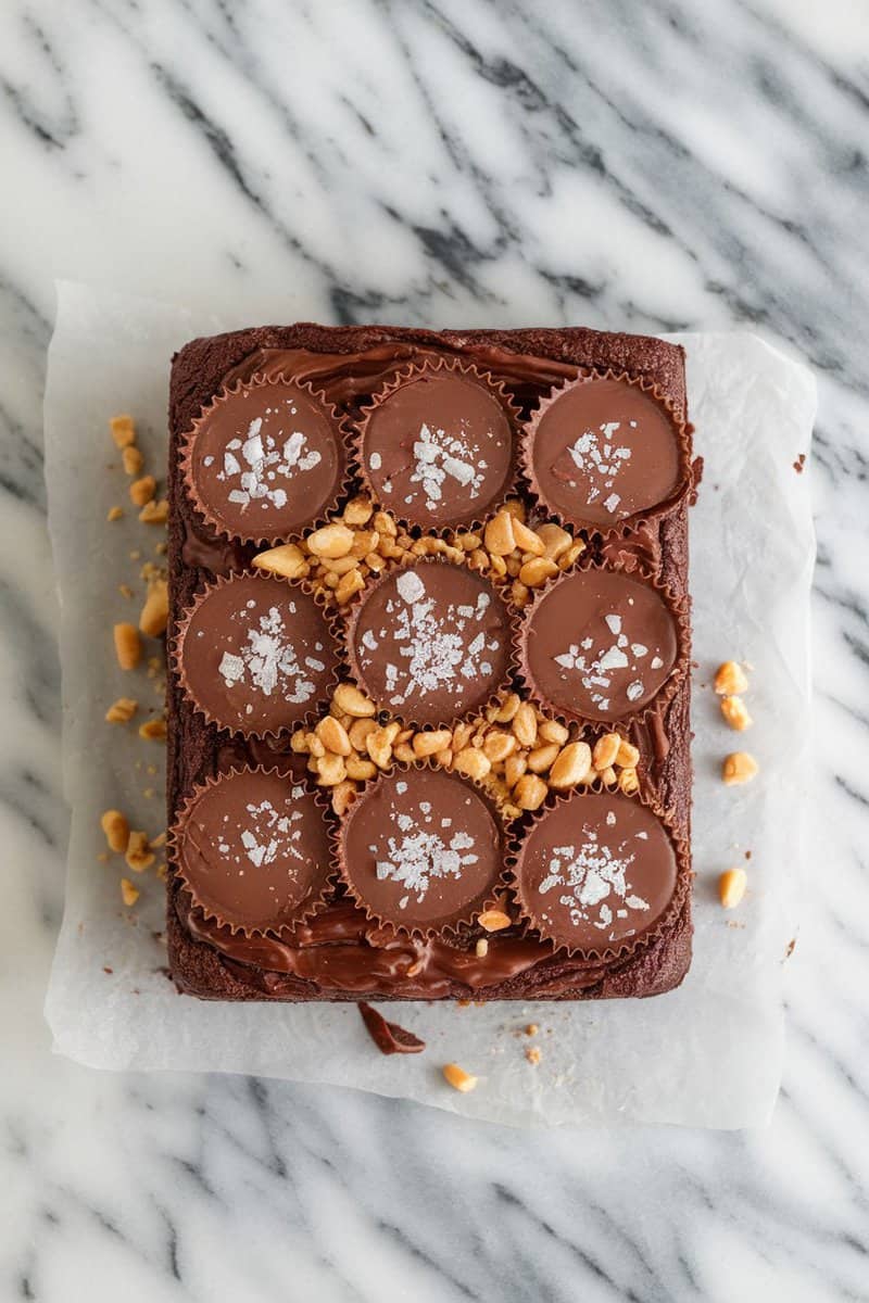 Peanut Butter Cup Brownies topped with chocolate frosting, peanuts, and Reese's cups.