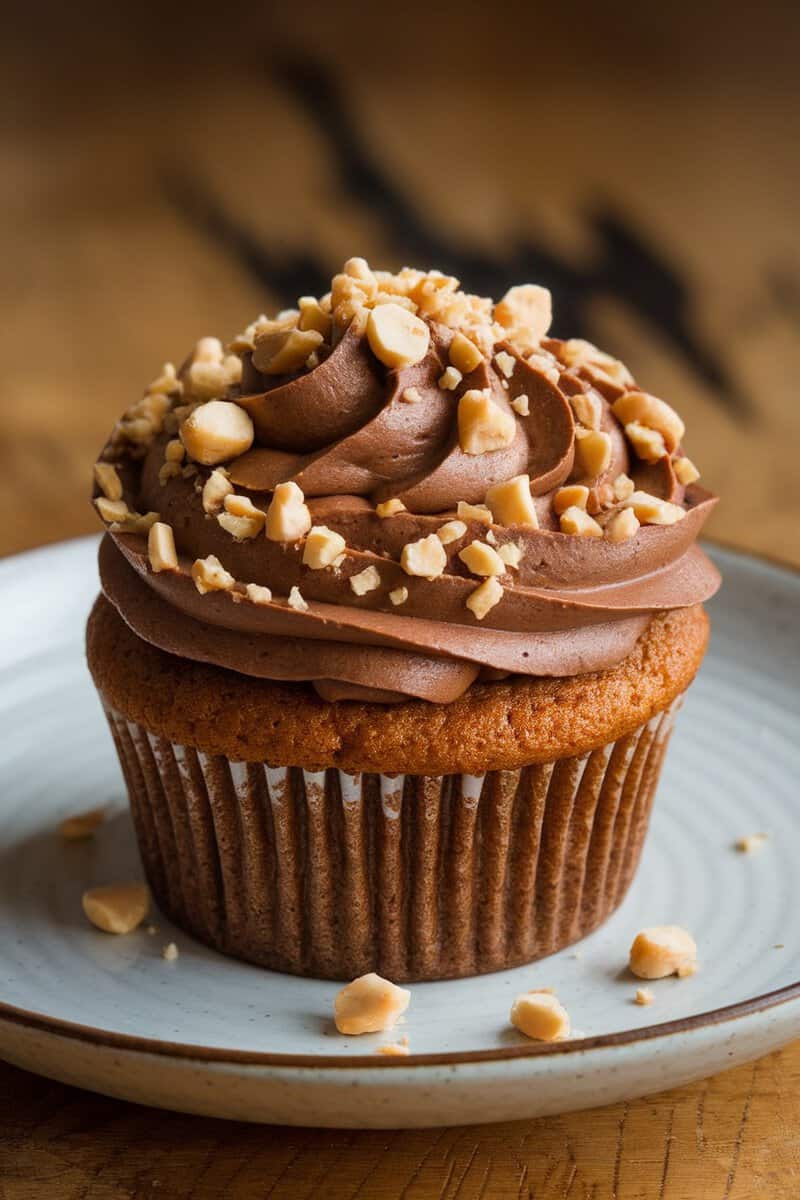 Peanut butter cupcake with chocolate frosting and chopped peanuts on top