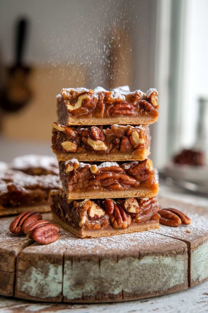 Delicious pecan pie bars stacked on a wooden cutting board, with powdered sugar dusting.