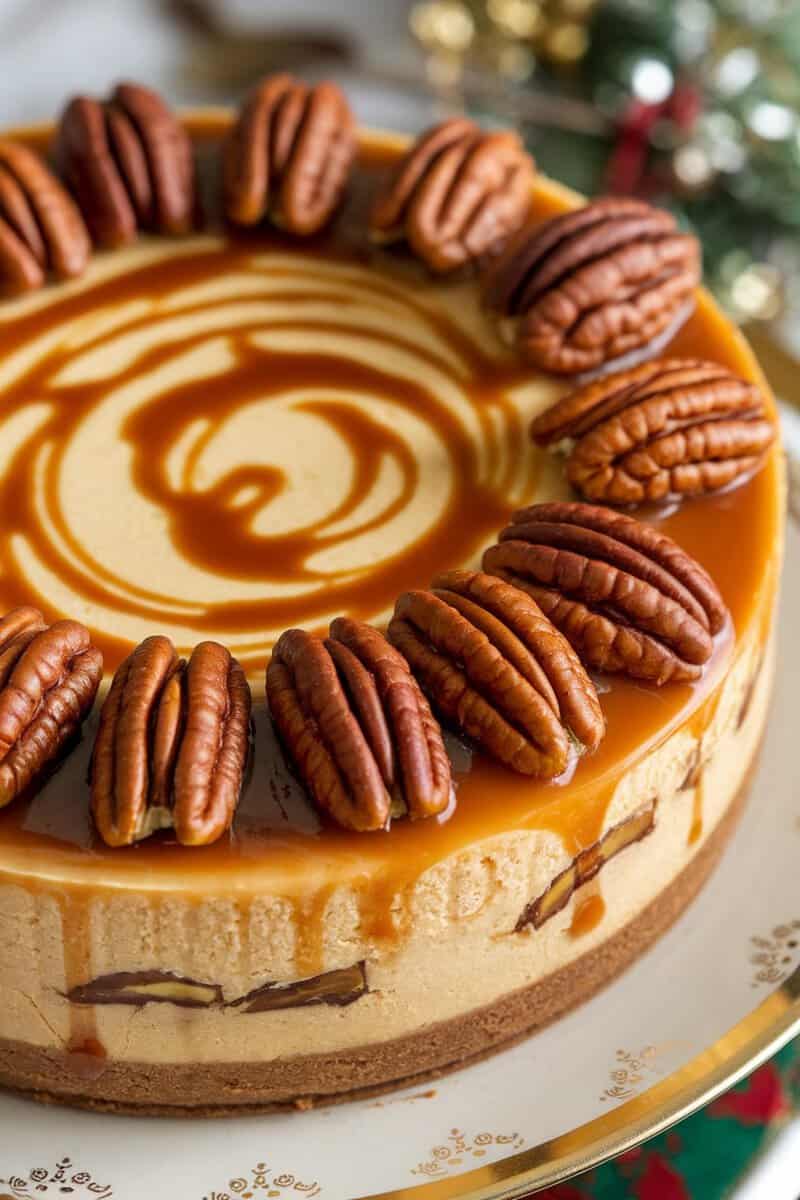 A beautifully presented pecan pie cheesecake topped with caramel and pecans.