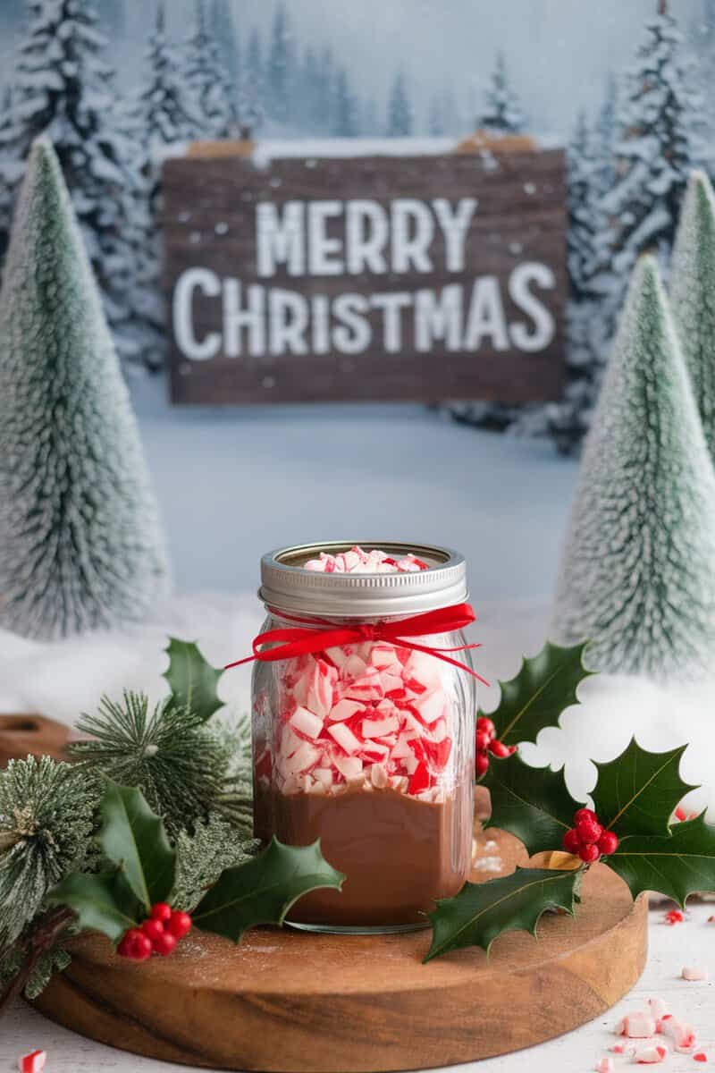 A festive gift jar filled with peppermint hot chocolate mix, decorated with a red ribbon and surrounded by holiday decorations.