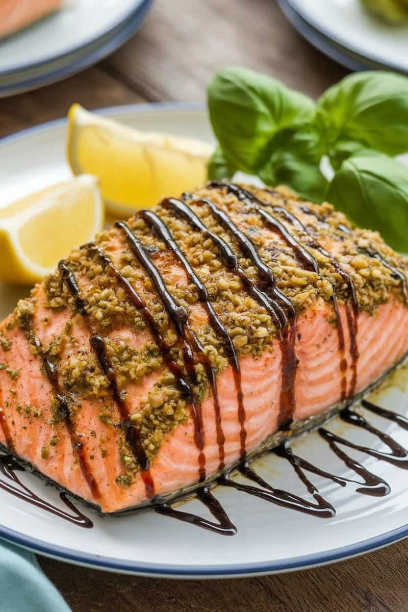 Pesto crusted baked salmon fillet with lemon and basil