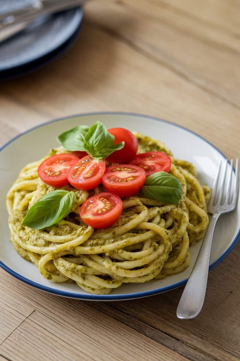 A bowl of pesto pasta topped with cherry tomatoes and basil on a wooden table.