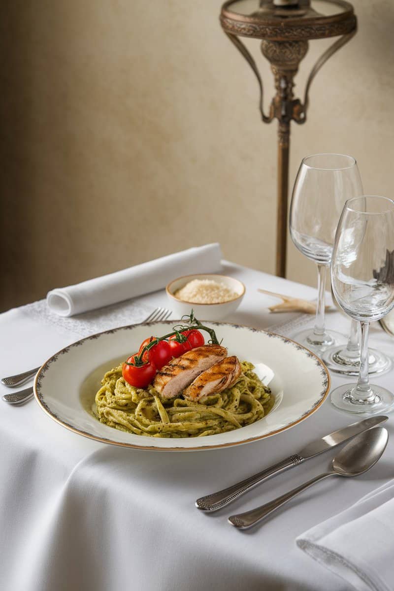 Plate of pesto pasta with grilled chicken and cherry tomatoes