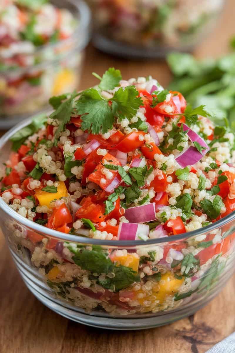 A colorful bowl of Pico de Gallo Quinoa Salad with fresh vegetables and quinoa.