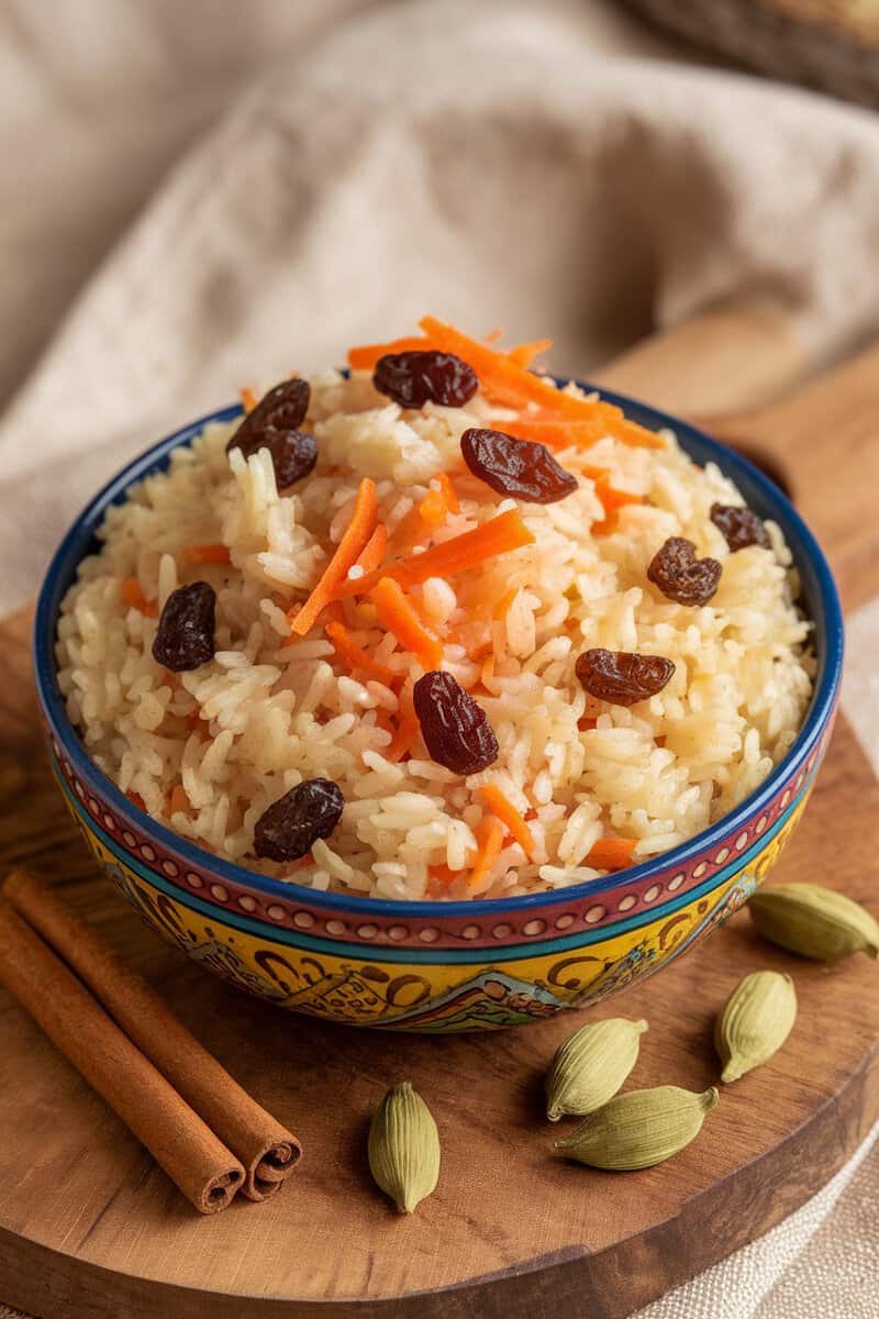 A bowl of pilau rice with raisins and carrots garnished with spices