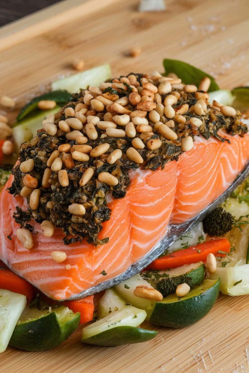 Pine nut and spinach stuffed baked salmon on a wooden cutting board