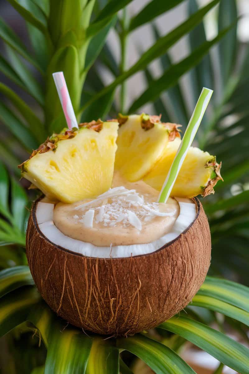 A refreshing smoothie made with pineapple and coconut served in a coconut shell, garnished with pineapple slices and shredded coconut.