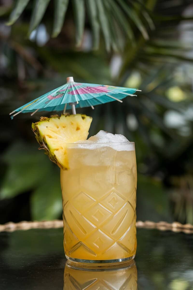 A refreshing pineapple coconut drink with a mini umbrella