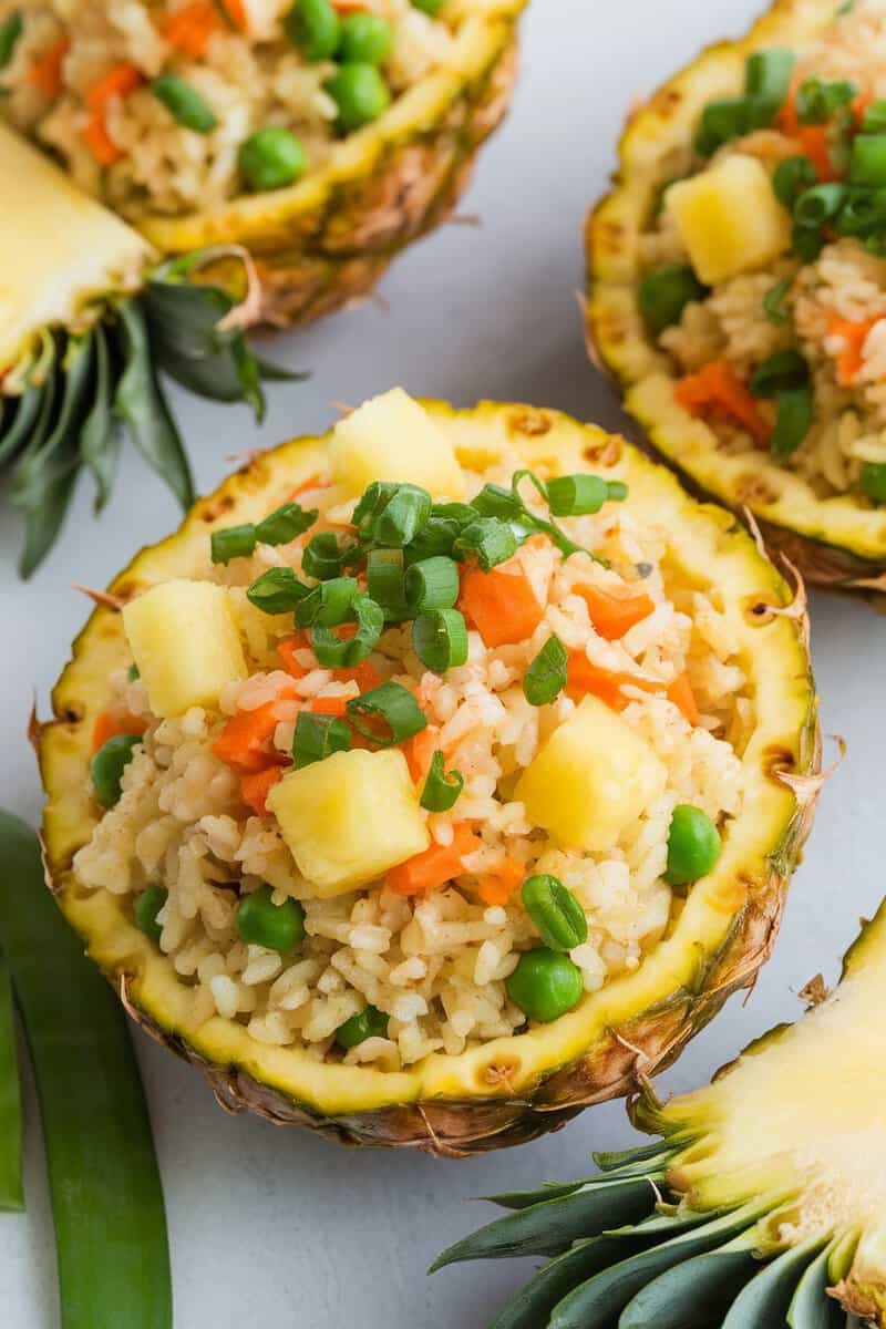 A vibrant dish of pineapple fried rice served in pineapple halves, featuring colorful vegetables and diced pineapple.