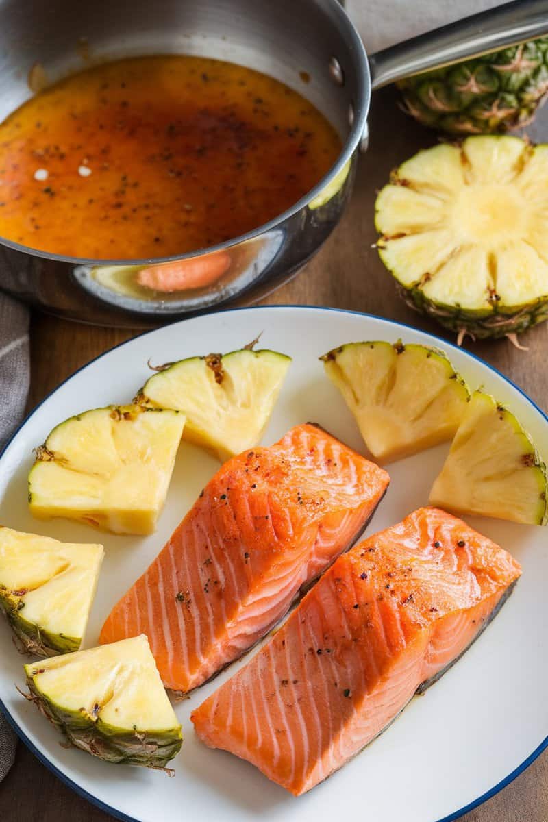 Pineapple teriyaki salmon with glaze and pineapple slices