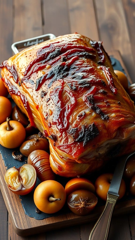 A delicious pork roast served with apples and onions.