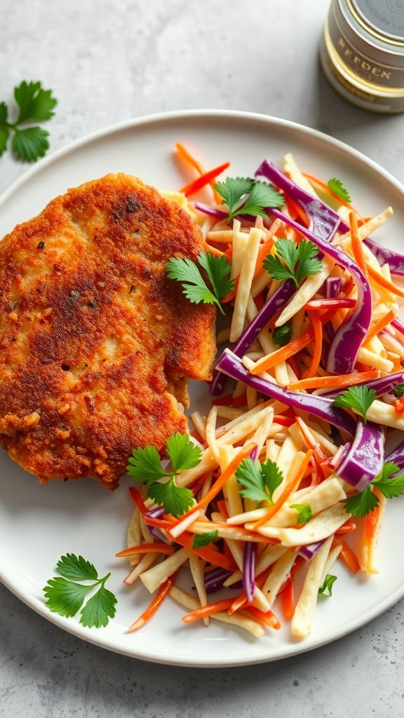 A plate with a crispy pork schnitzel next to a colorful slaw salad.