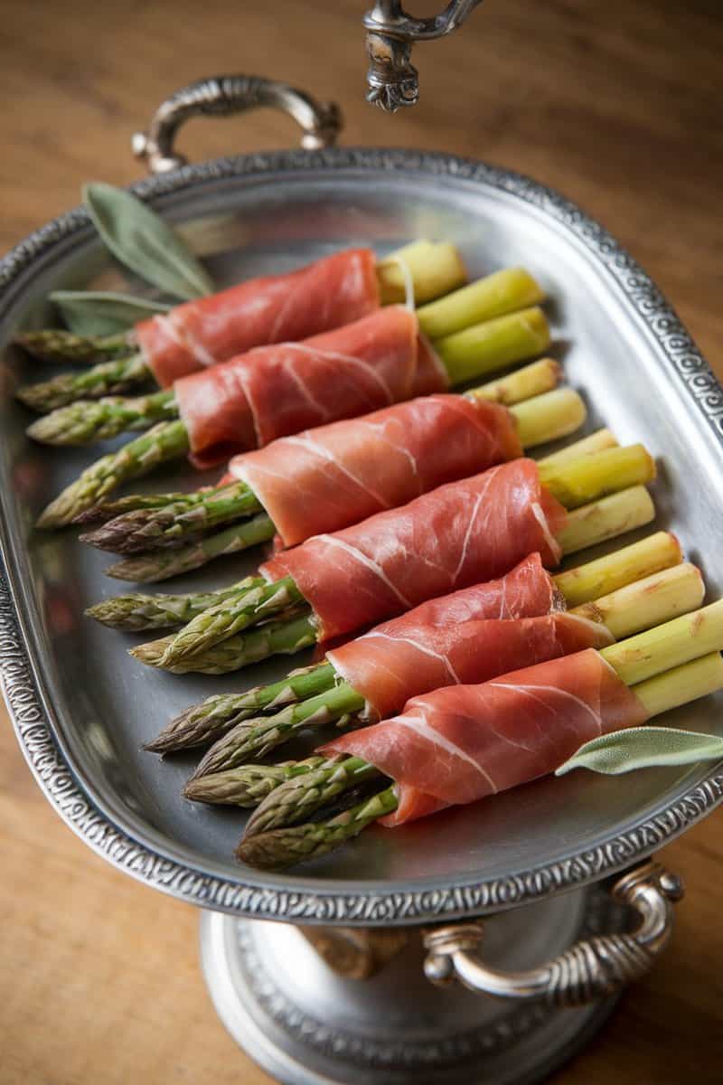 Prosciutto-wrapped asparagus bundles on a silver platter