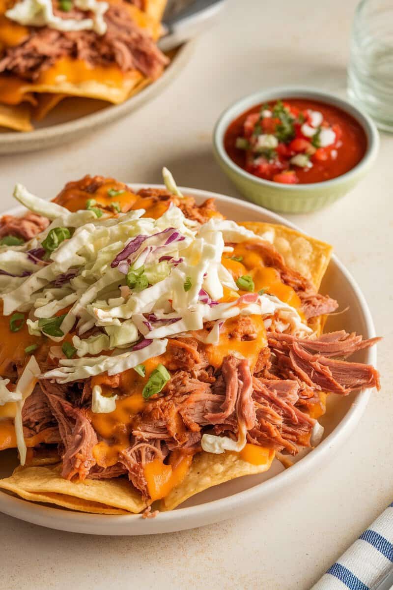 Plate of pulled pork nachos topped with coleslaw and green onions.