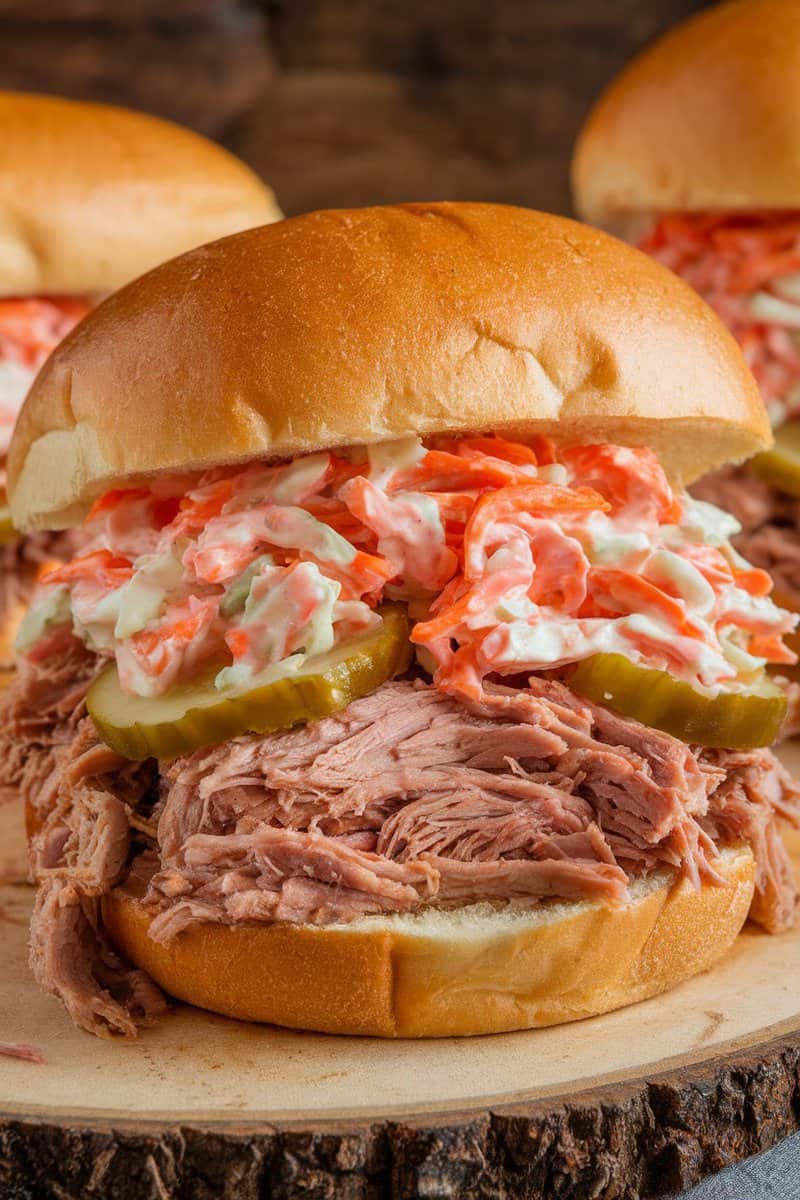 A delicious pulled pork sandwich with homemade coleslaw, pickles, and a soft bun.