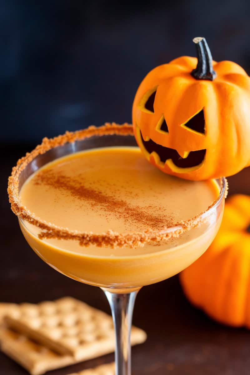 A delicious pumpkin pie martini with a cinnamon sugar rim and a decorative pumpkin.