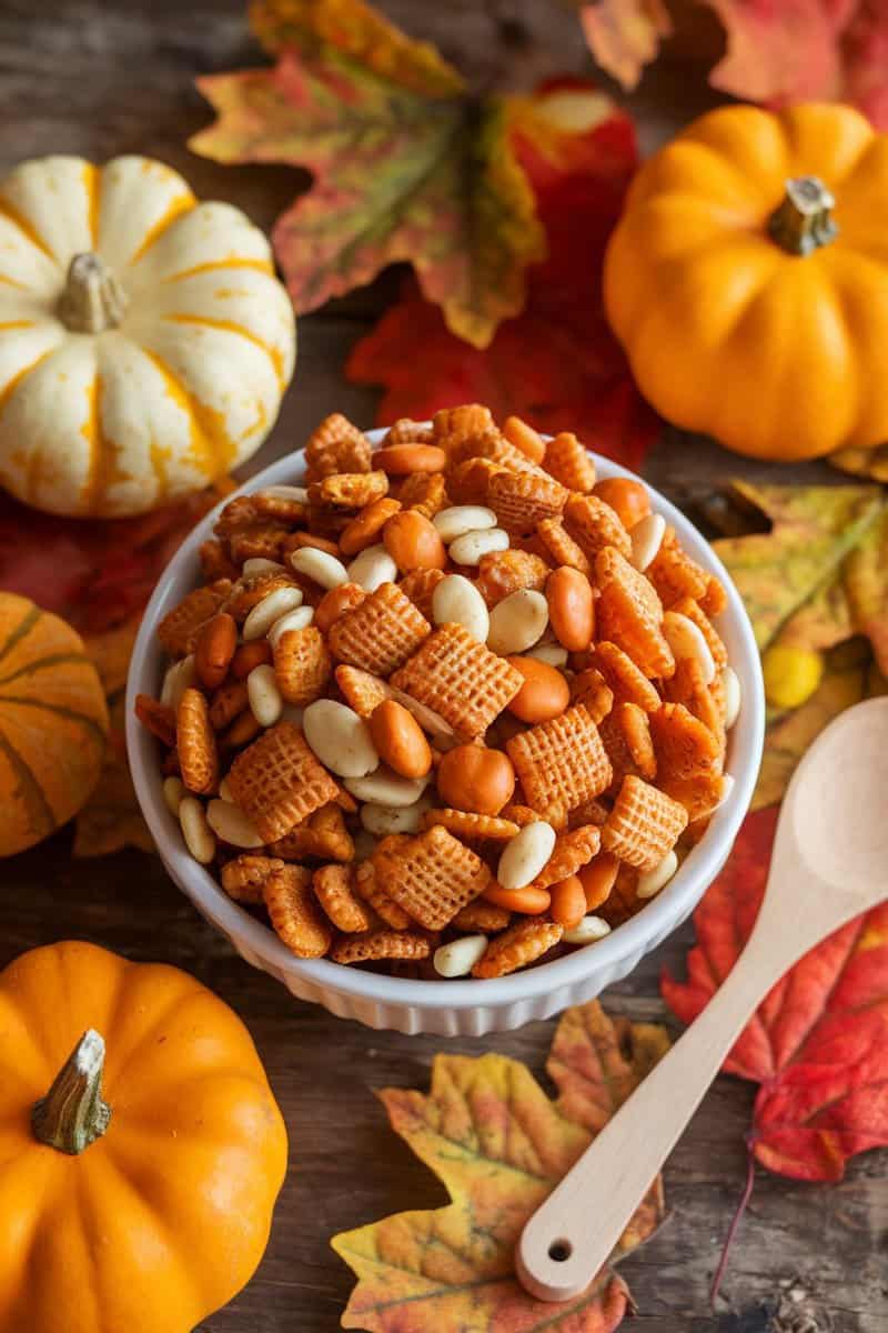 A bowl of Pumpkin Spice Caramel Chex Mix surrounded by small pumpkins and autumn leaves