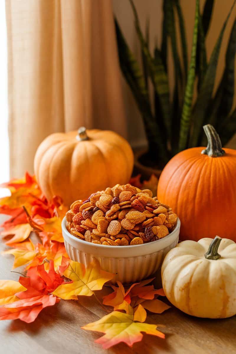 A bowl of Pumpkin Spice Chex Mix surrounded by pumpkins and autumn leaves, perfect for fall gatherings.