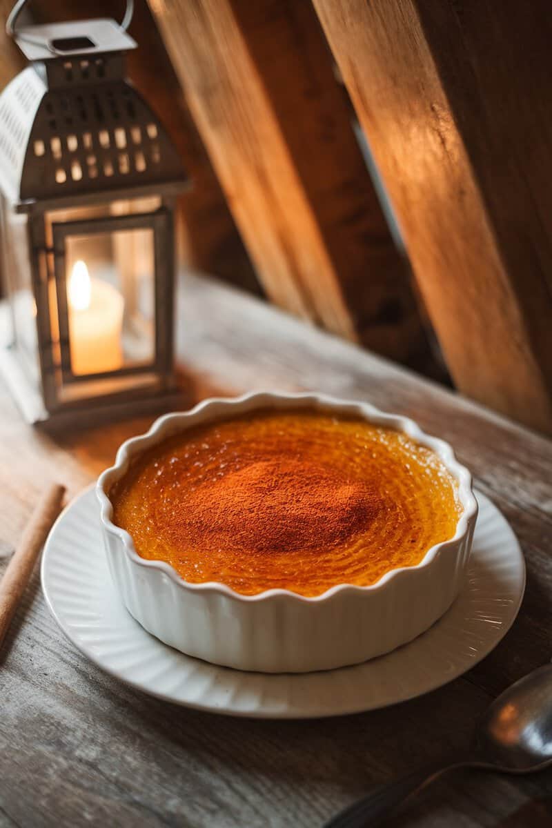 A beautifully presented pumpkin spice crème brûlée with a caramelized sugar crust