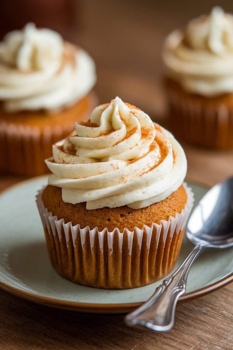 Delicious pumpkin spice cupcakes with cinnamon cream cheese frosting on a plate.