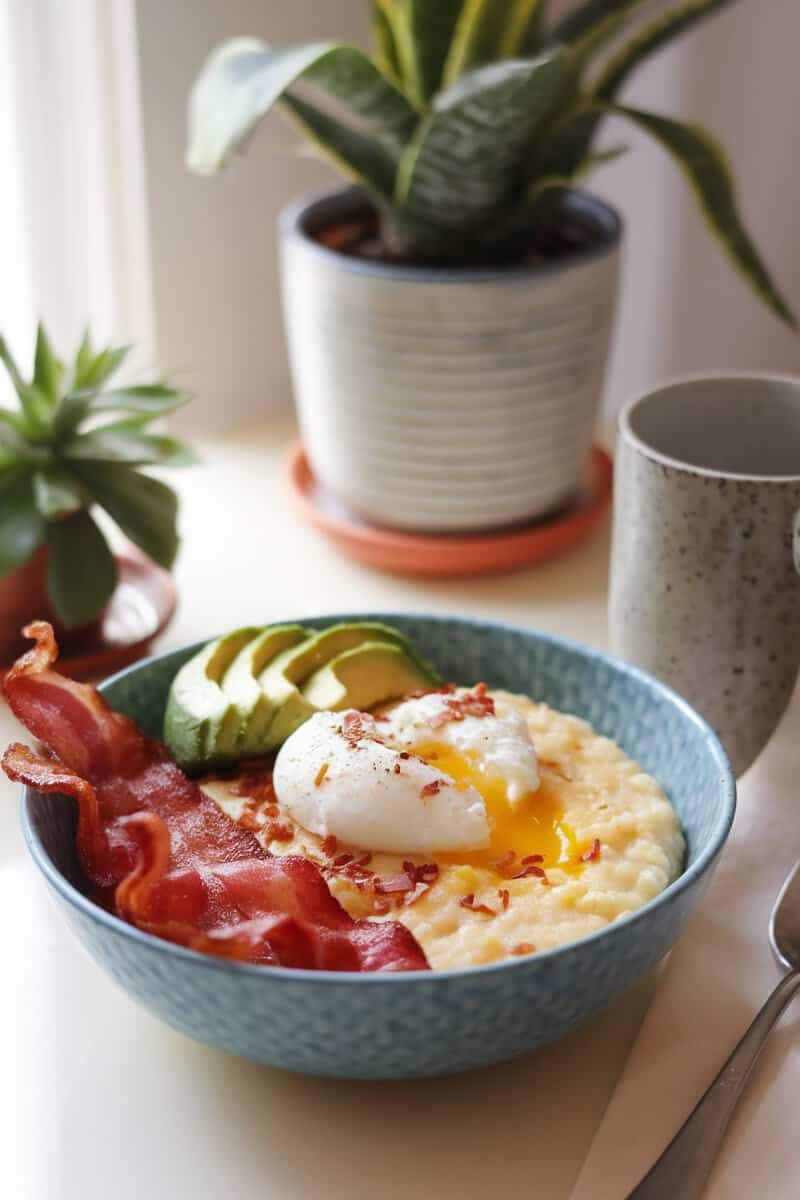 A colorful breakfast bowl featuring Quaker grits, bacon, avocado, and a poached egg.