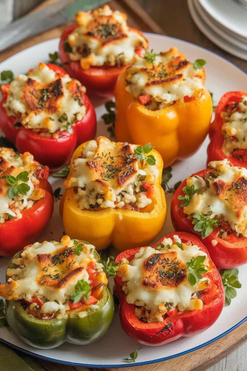 Colorful stuffed bell peppers filled with creamy grits and cheese