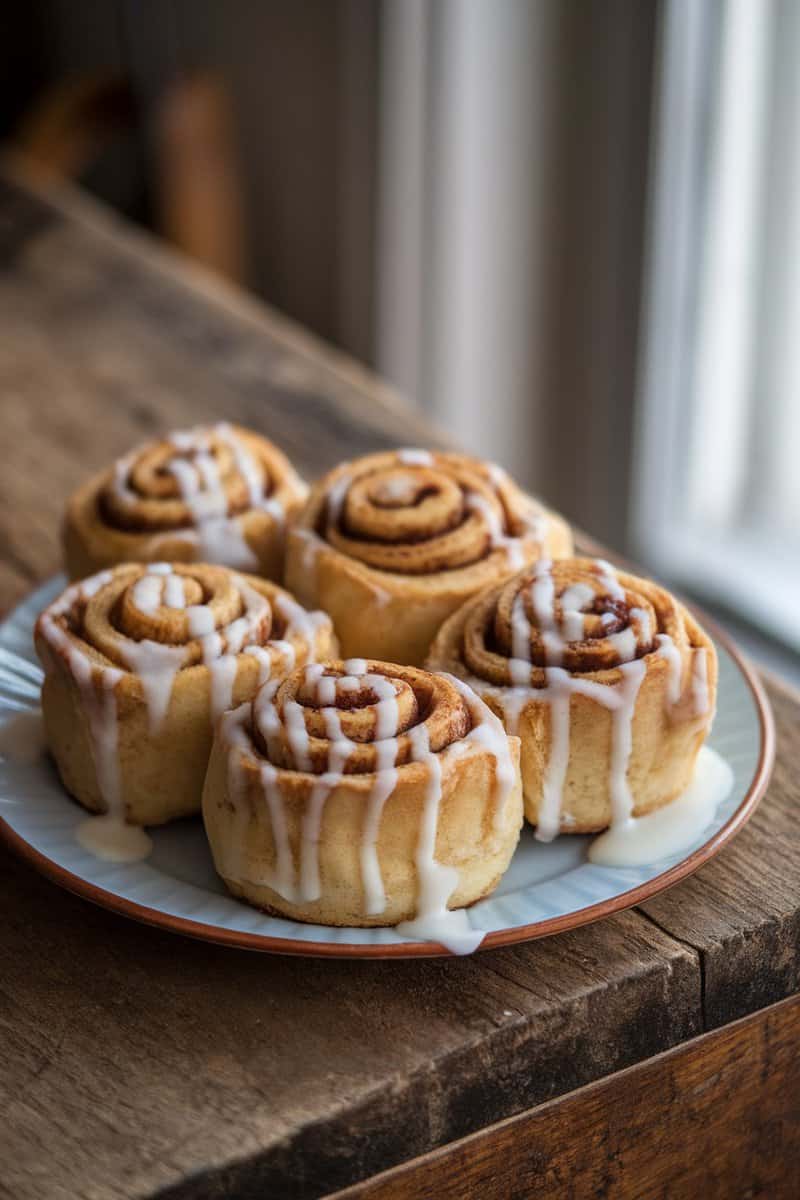 A plate of delicious cinnamon roll bites drizzled with icing, served on a rustic wooden table.