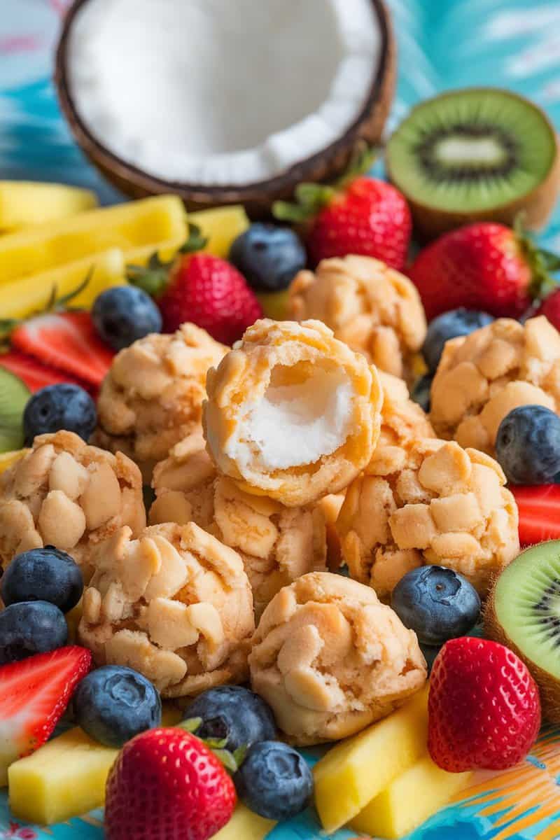 A colorful display of coconut macaroons surrounded by fresh fruits.