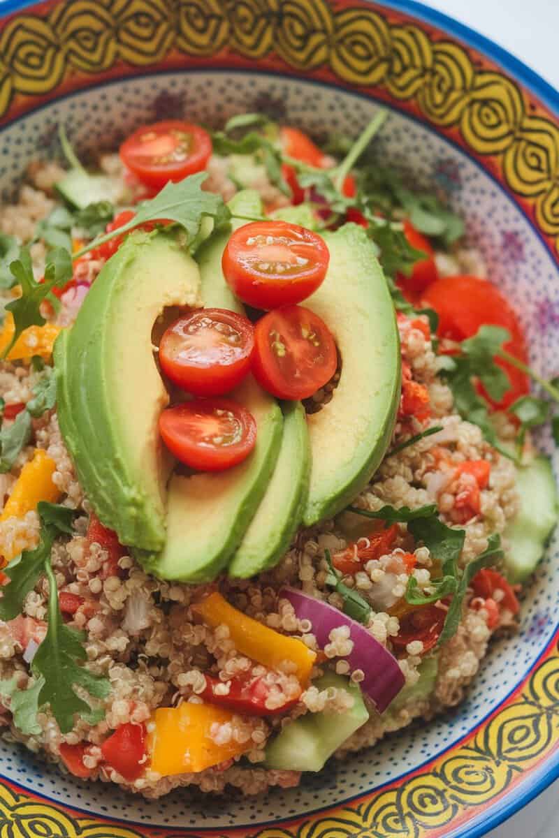 A colorful quinoa bowl topped with avocado slices and cherry tomatoes, showcasing fresh vegetables.