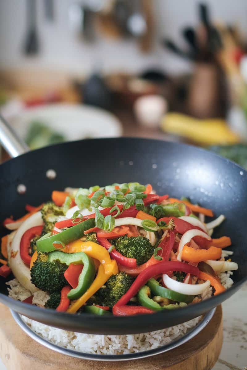 A colorful mix of stir-fried vegetables in a skillet, including broccoli, bell peppers, and onions.