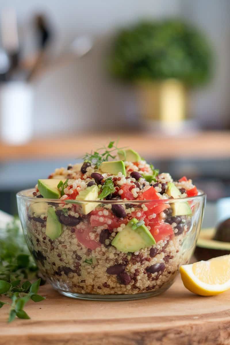 A colorful bowl of quinoa and black bean salad with tomatoes and avocado.