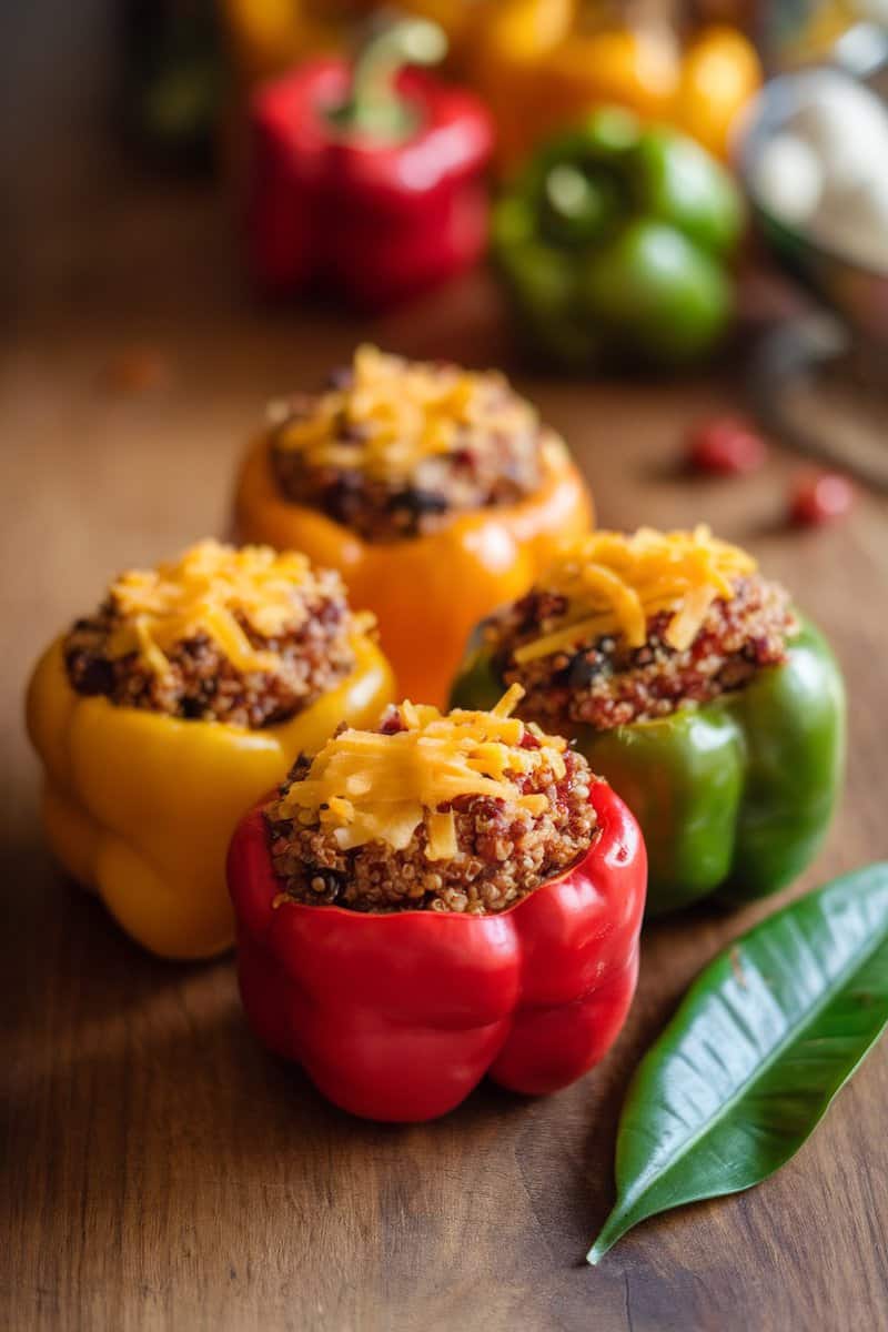 Colorful quinoa and black bean stuffed peppers topped with cheese.