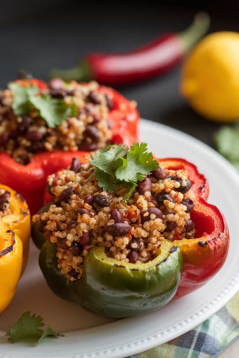 Colorful stuffed bell peppers filled with quinoa and black beans, garnished with cilantro.